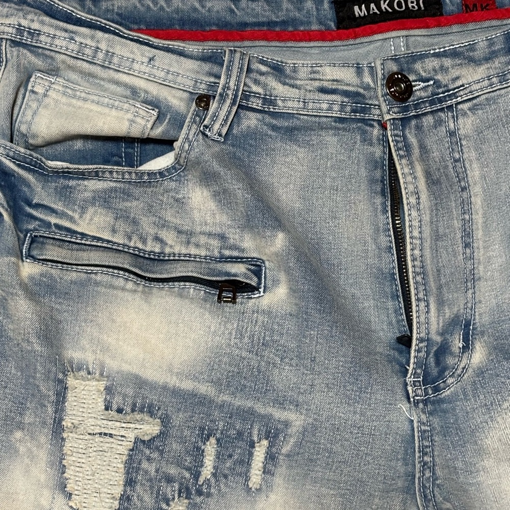 Men's Makobi Distressed Stretch Biker Blue Jeans - Picture 5 of 6
